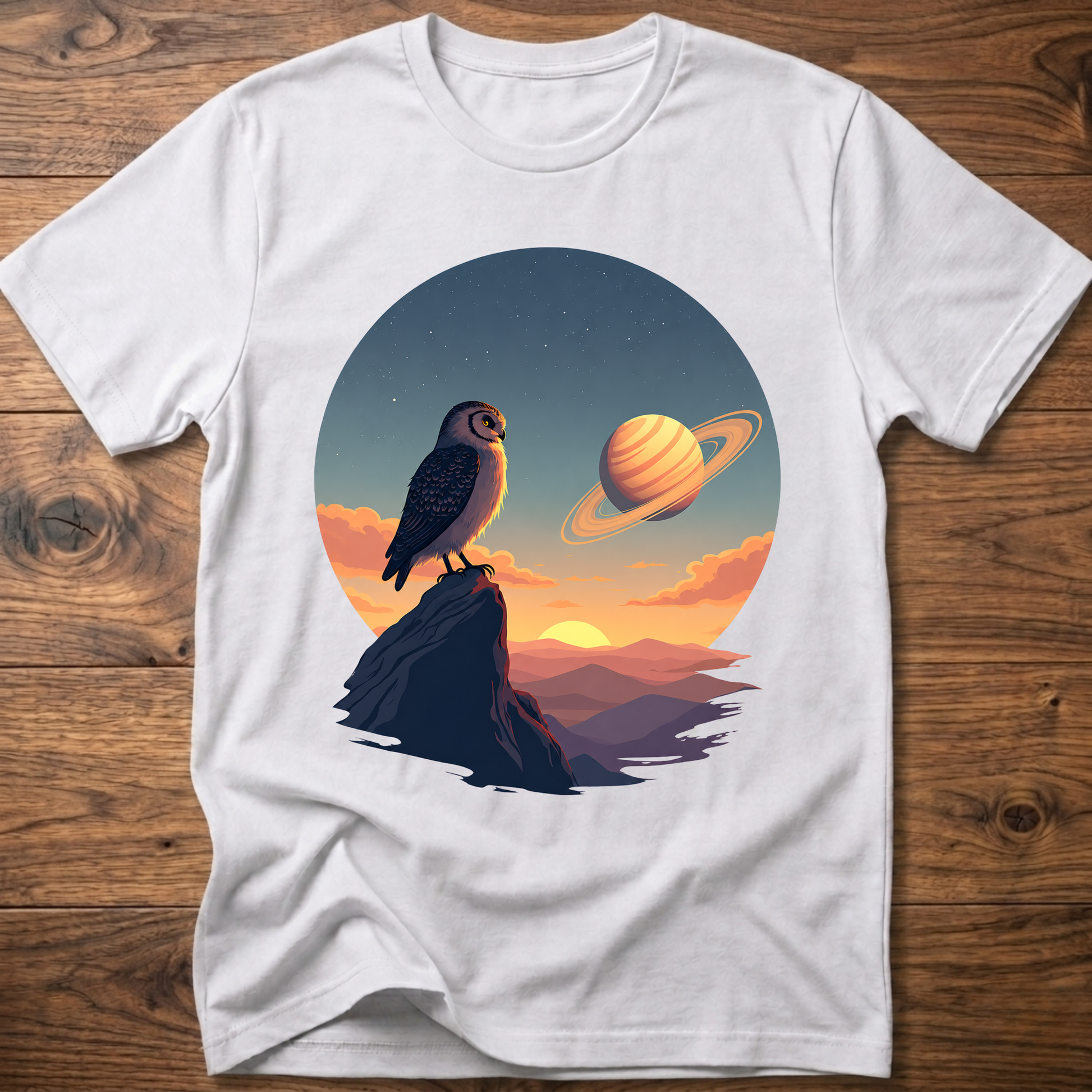 White t-shirt with owl and Saturn planet scene graphic on front
