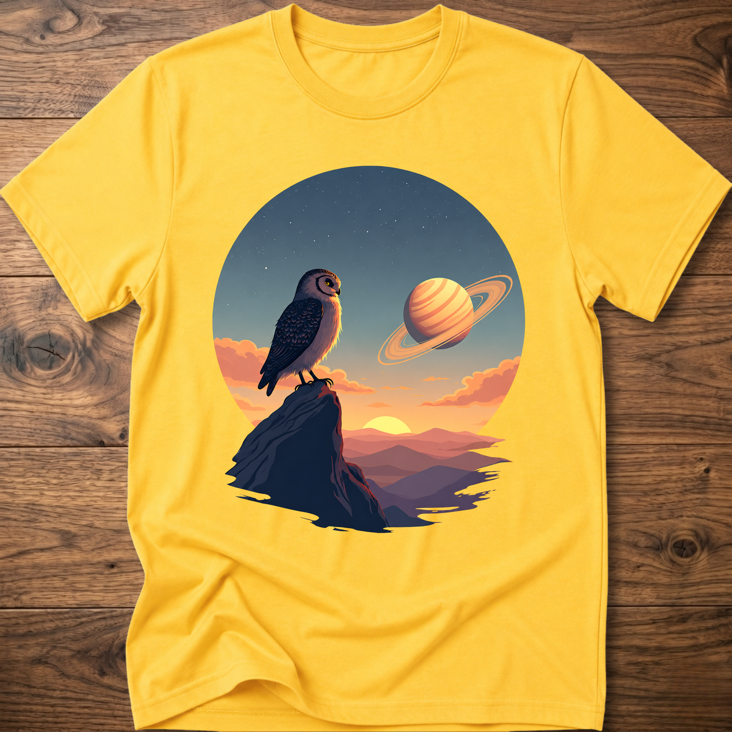 Daisy yellow t-shirt with owl and Saturn planet scene graphic on front