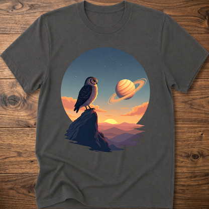 Charcoal t-shirt with owl and Saturn planet scene graphic on front
