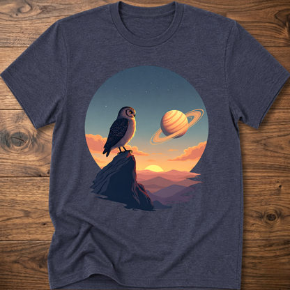 Heather navy t-shirt with owl and Saturn planet scene graphic on front