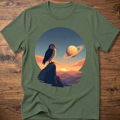 Military green t-shirt with owl and Saturn planet scene graphic on front