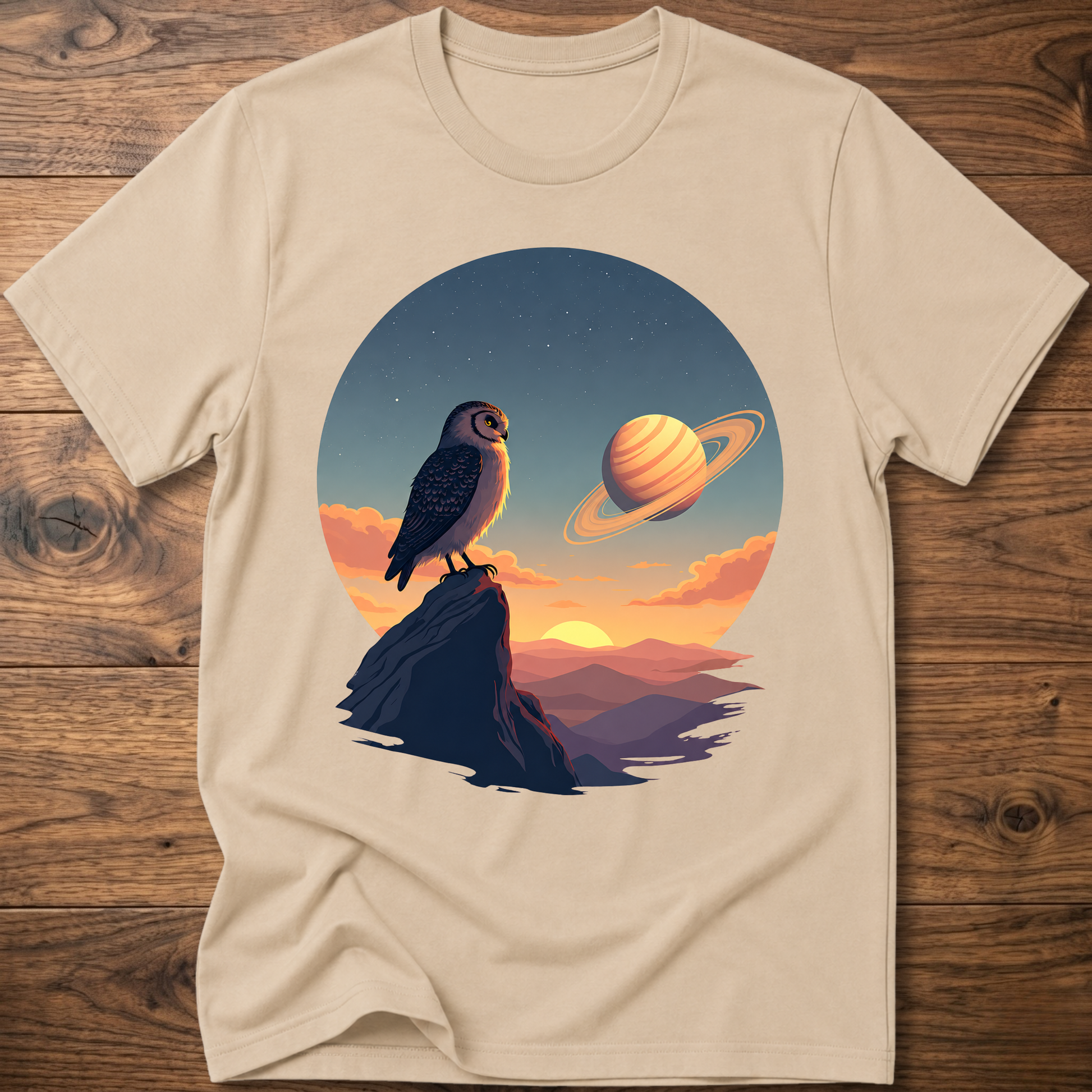 Sand t-shirt with owl and Saturn planet scene graphic on front