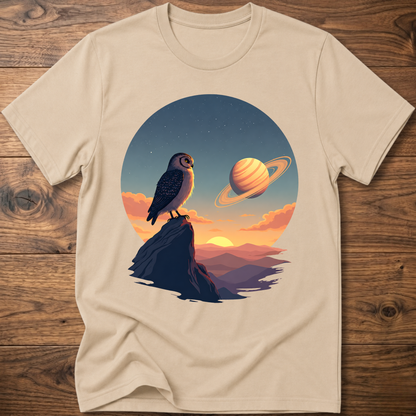 Sand t-shirt with owl and Saturn planet scene graphic on front