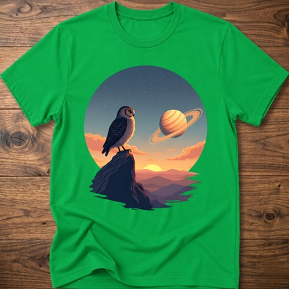 Green t-shirt with owl and Saturn planet scene graphic on front