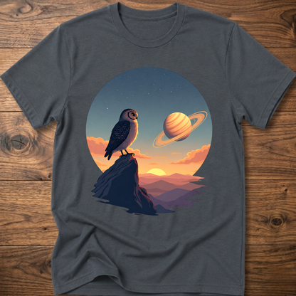 Dark charcoal t-shirt with owl and Saturn planet scene graphic on front