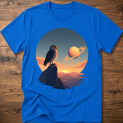 Royal blue t-shirt with owl and Saturn planet scene graphic on front