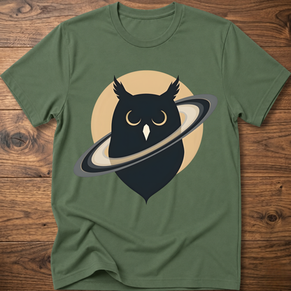 Green t-shirt with black owl and planet graphic on the front