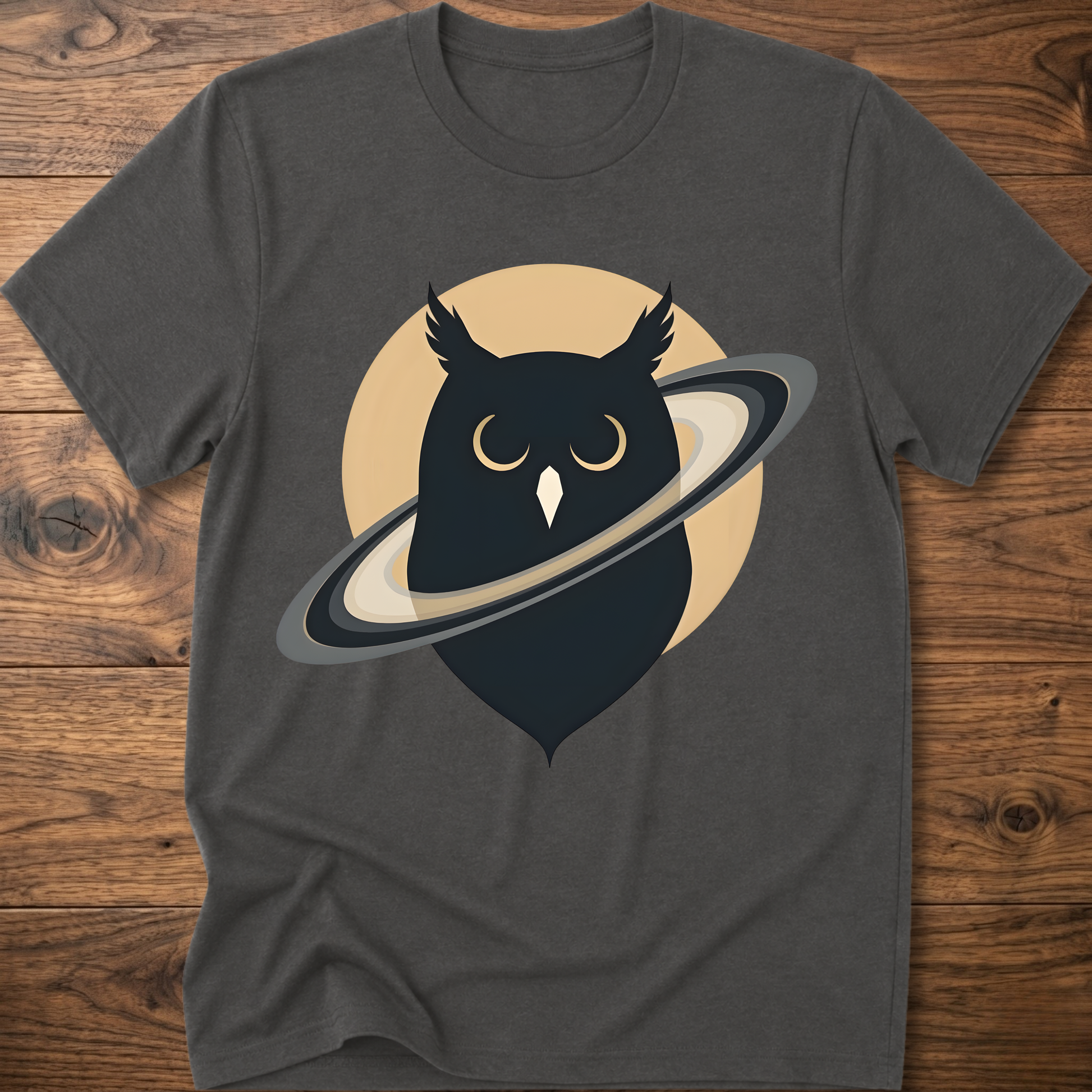 Charcoal gray t-shirt with black owl and planet graphic on the front