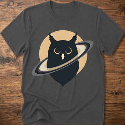 Charcoal gray t-shirt with black owl and planet graphic on the front