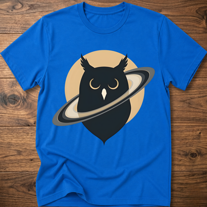 Royal blue t-shirt with black owl and planet graphic on the front