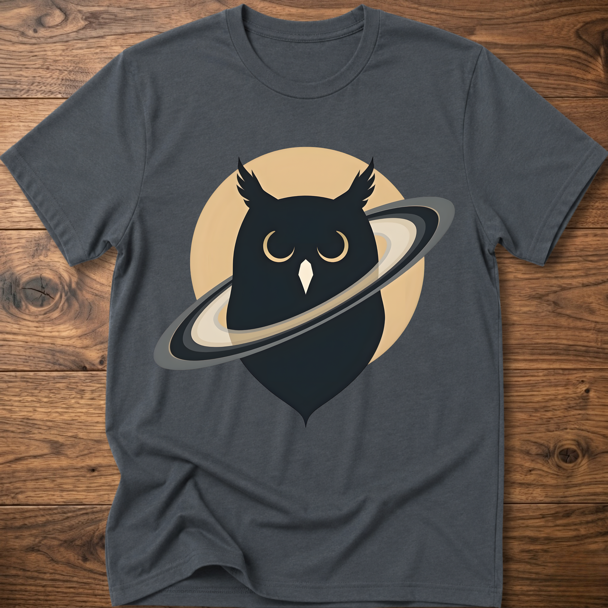 Dark gray t-shirt with black owl and planet graphic on the front