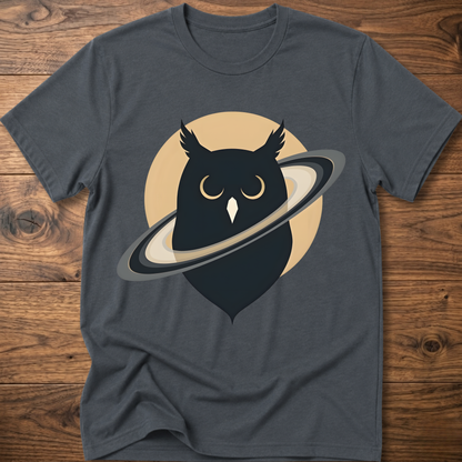 Dark gray t-shirt with black owl and planet graphic on the front