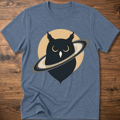 Heather blue t-shirt with black owl and planet graphic on the front