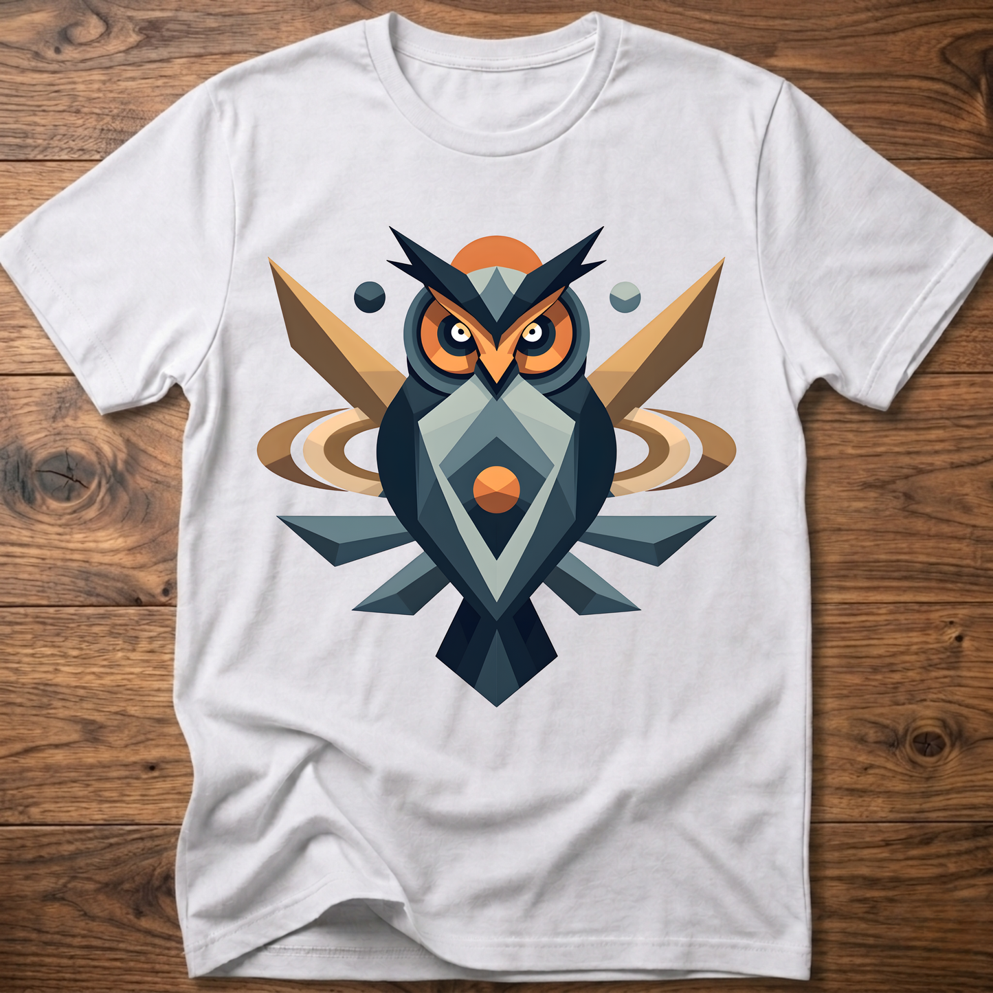 White t-shirt with geometric owl graphic in navy, light blue, and orange.
