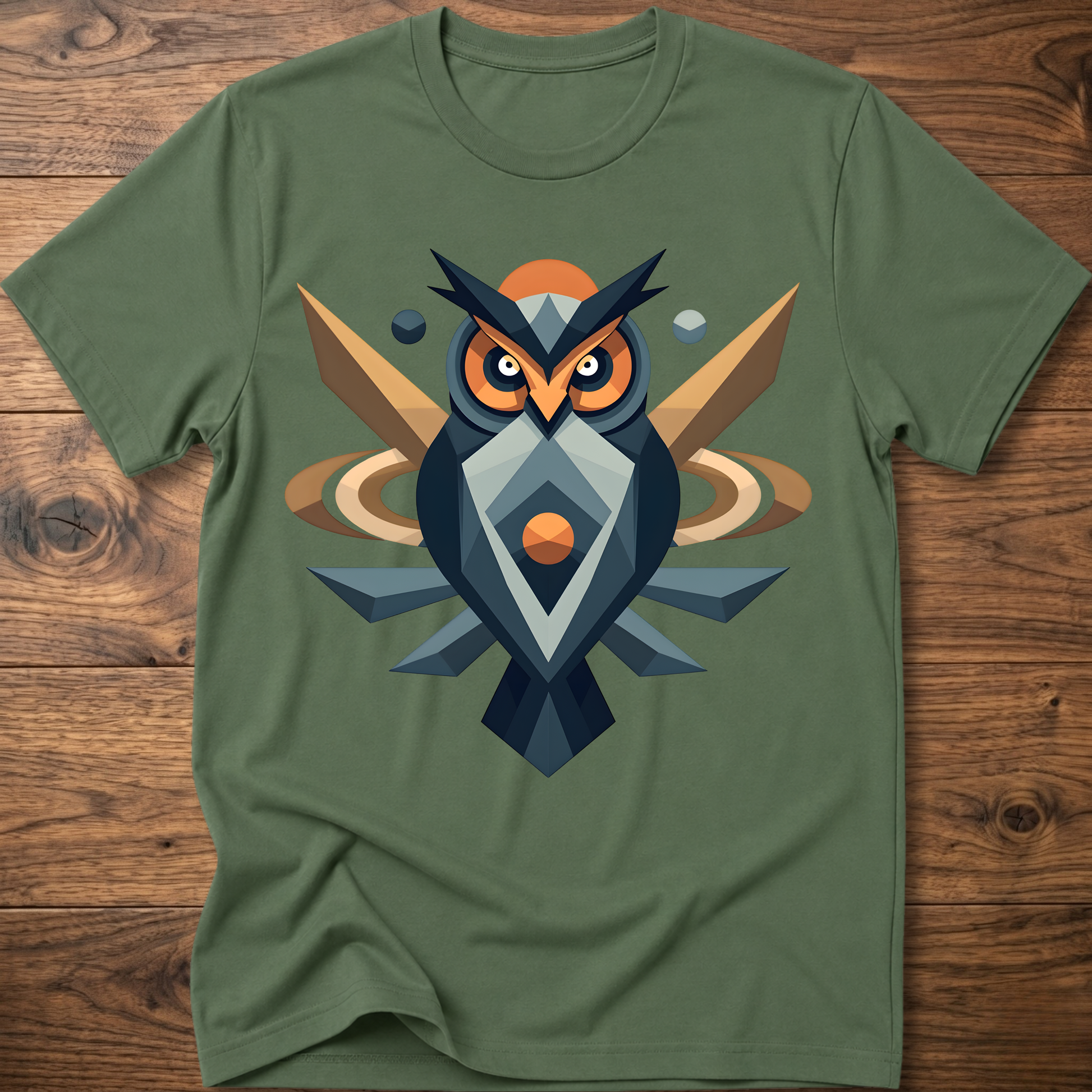 Military green t-shirt with geometric owl graphic in navy, tan, and orange.