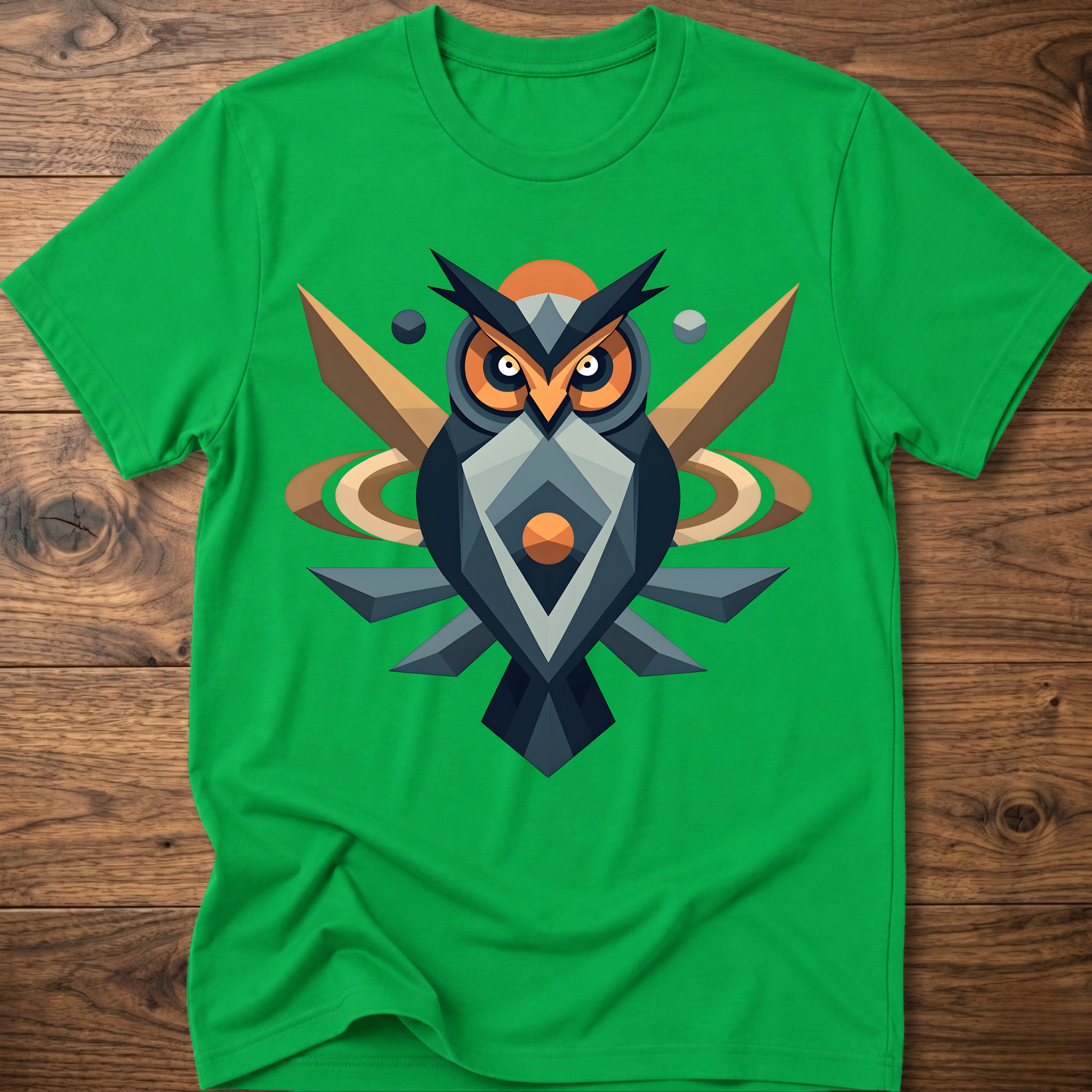 Green t-shirt with geometric owl graphic in dark blue, tan, and orange.