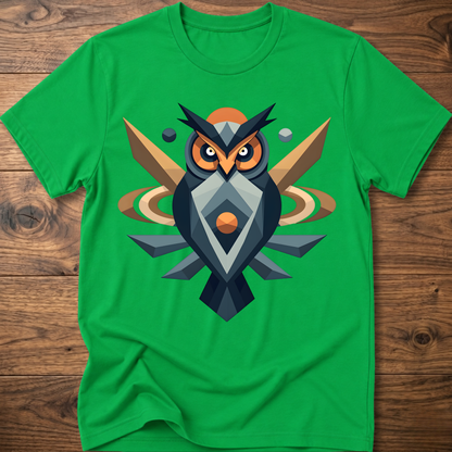 Green t-shirt with geometric owl graphic in dark blue, tan, and orange.