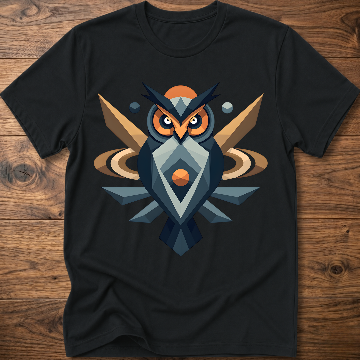 Black t-shirt with geometric owl graphic in navy, tan, and orange accents.