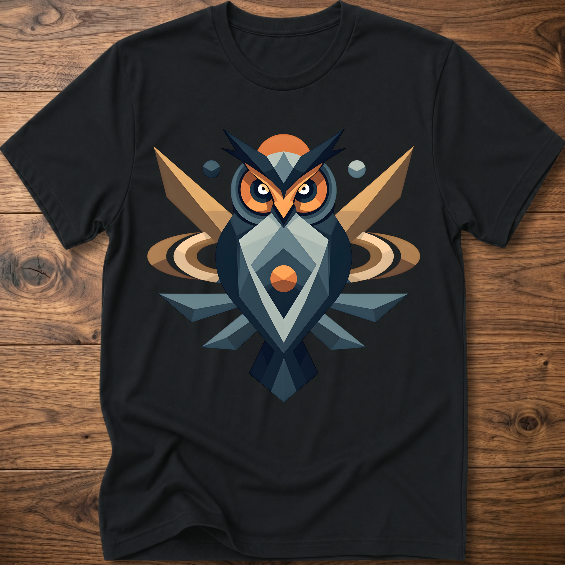 Black t-shirt with geometric owl graphic in navy, tan, and orange accents.