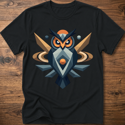Black t-shirt with geometric owl graphic in navy, tan, and orange accents.