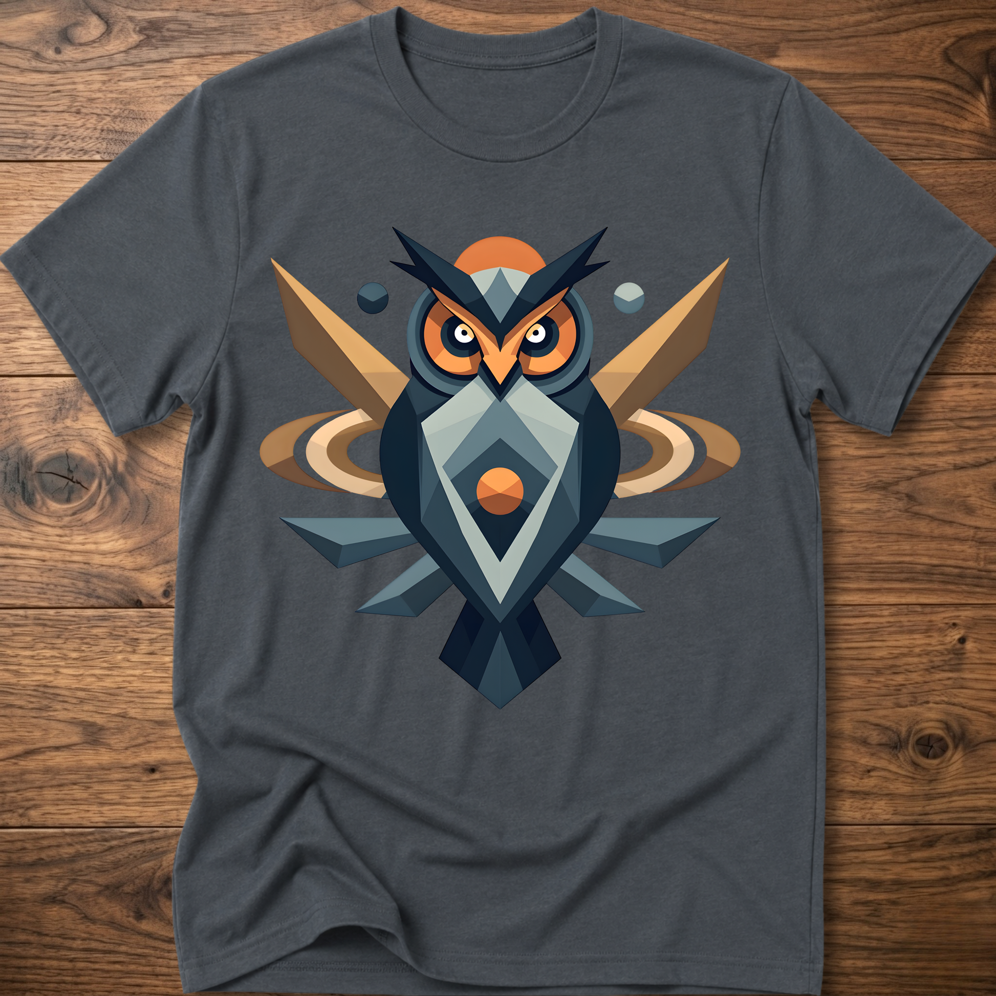Dark heather gray t-shirt with geometric owl graphic in navy, tan, and orange.