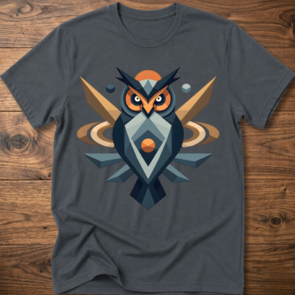 Dark heather gray t-shirt with geometric owl graphic in navy, tan, and orange.