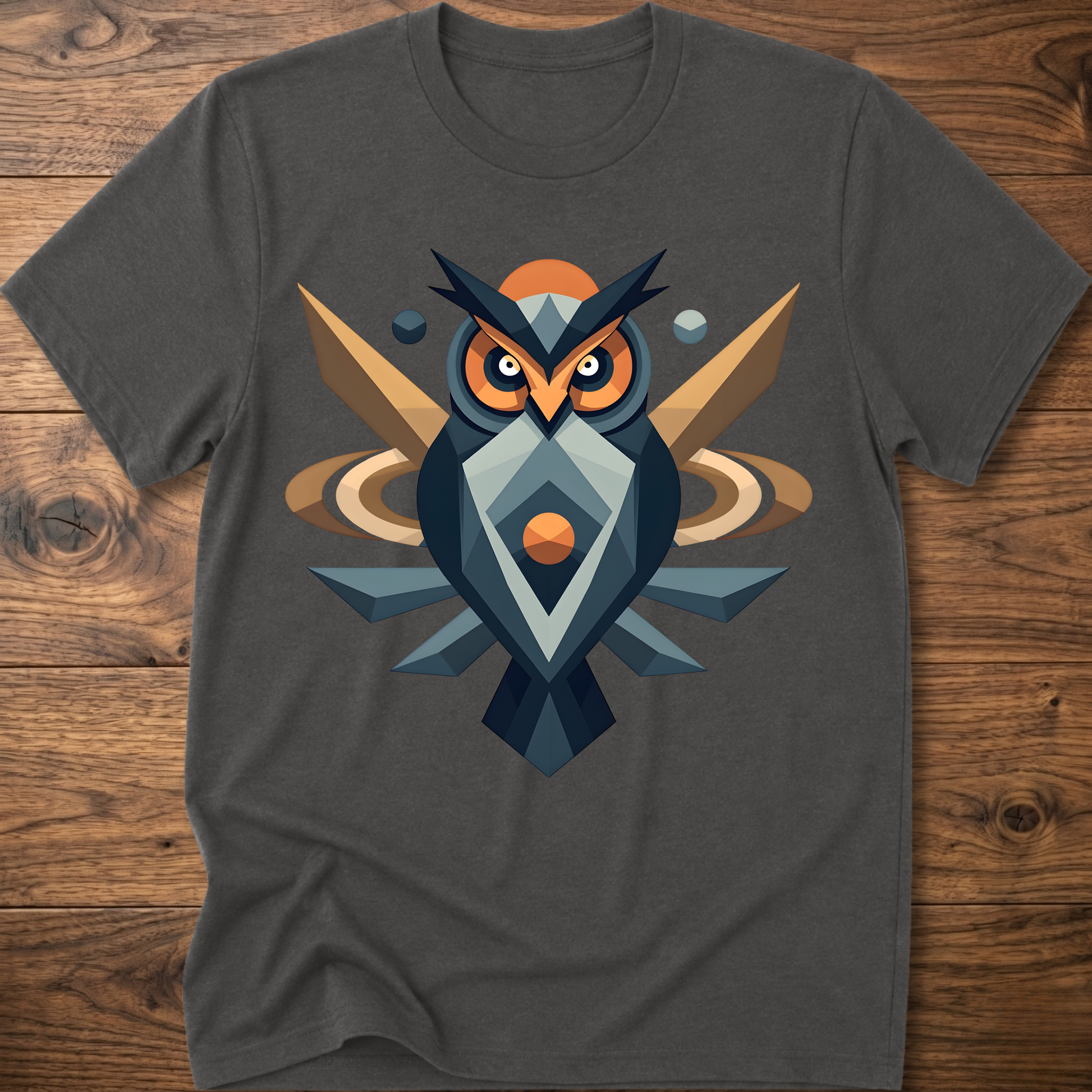 Charcoal gray t-shirt with geometric owl graphic in dark blue, tan, and orange.