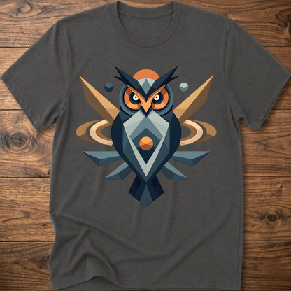 Charcoal gray t-shirt with geometric owl graphic in dark blue, tan, and orange.