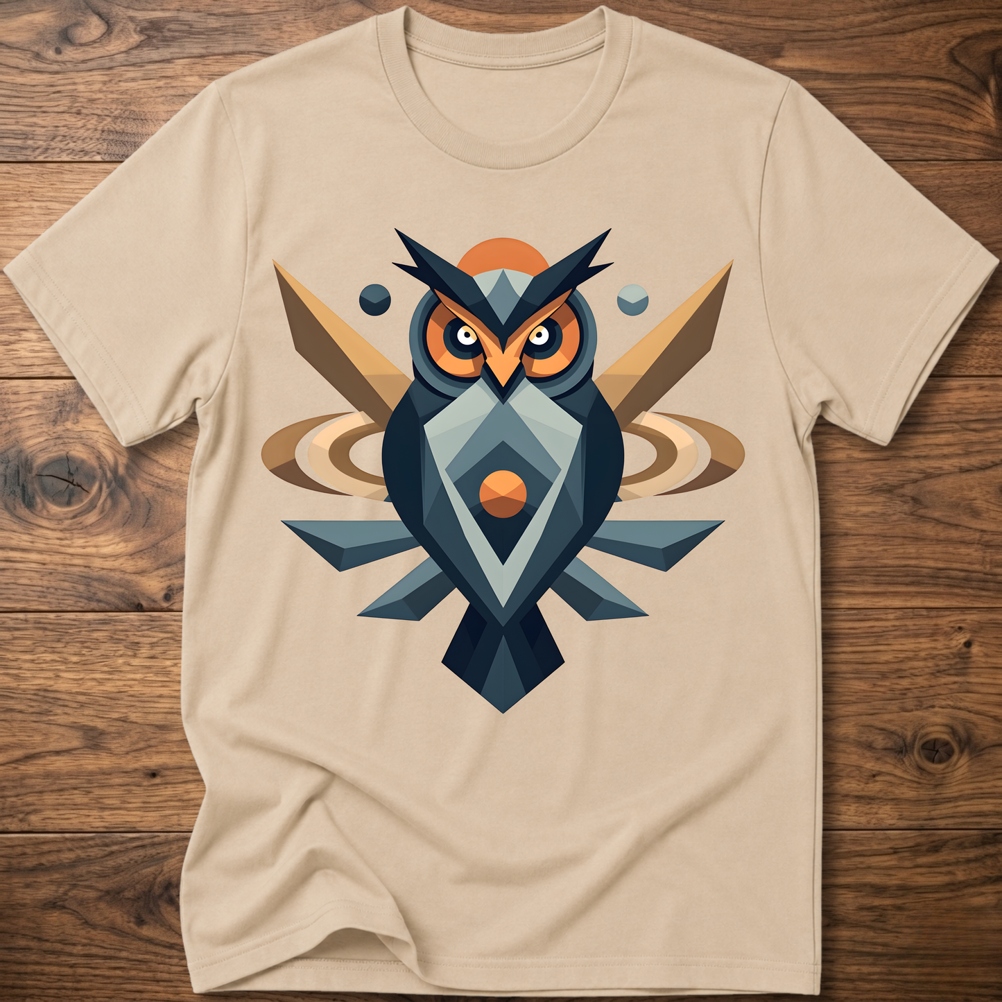 Sand beige t-shirt with geometric owl graphic in navy, light blue, and orange.