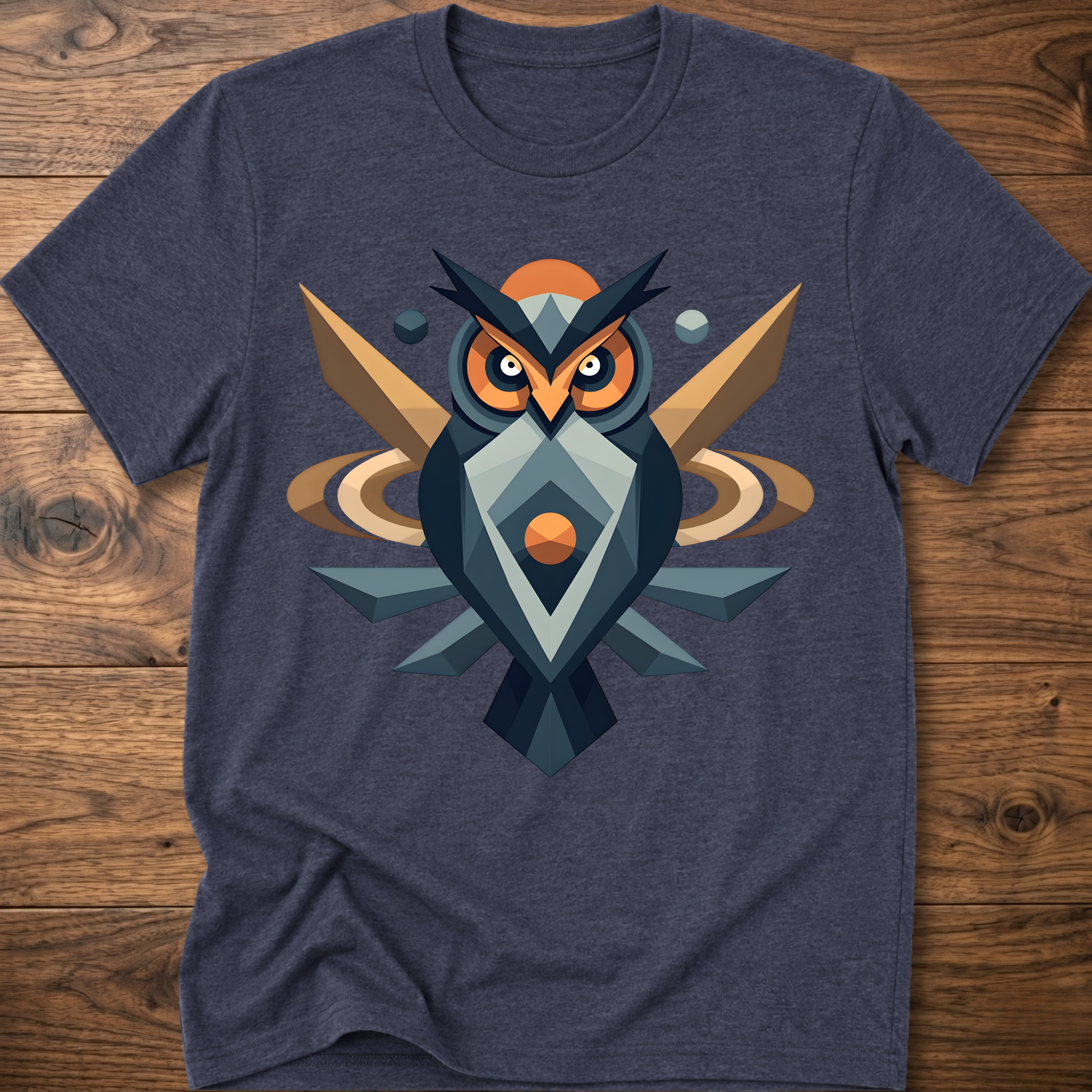 Heather navy t-shirt with geometric owl graphic in dark blue, tan, and orange.