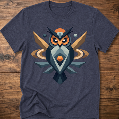 Heather navy t-shirt with geometric owl graphic in dark blue, tan, and orange.