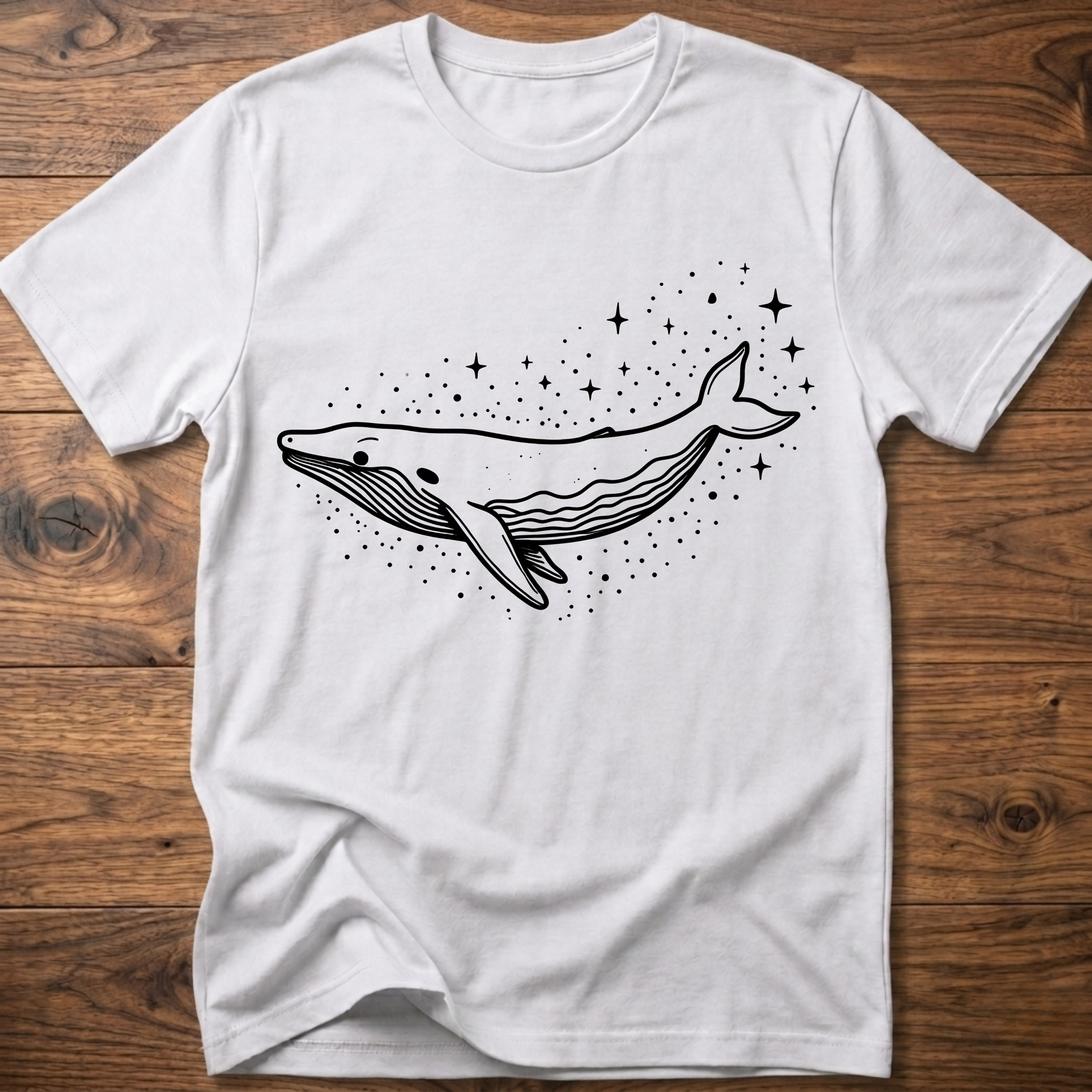 White t-shirt with minimalist whale graphic and starry dots across the chest