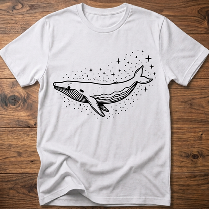 White t-shirt with minimalist whale graphic and starry dots across the chest