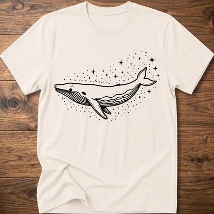 Natural/off-white t-shirt with minimalist whale graphic and starry dots constellation print