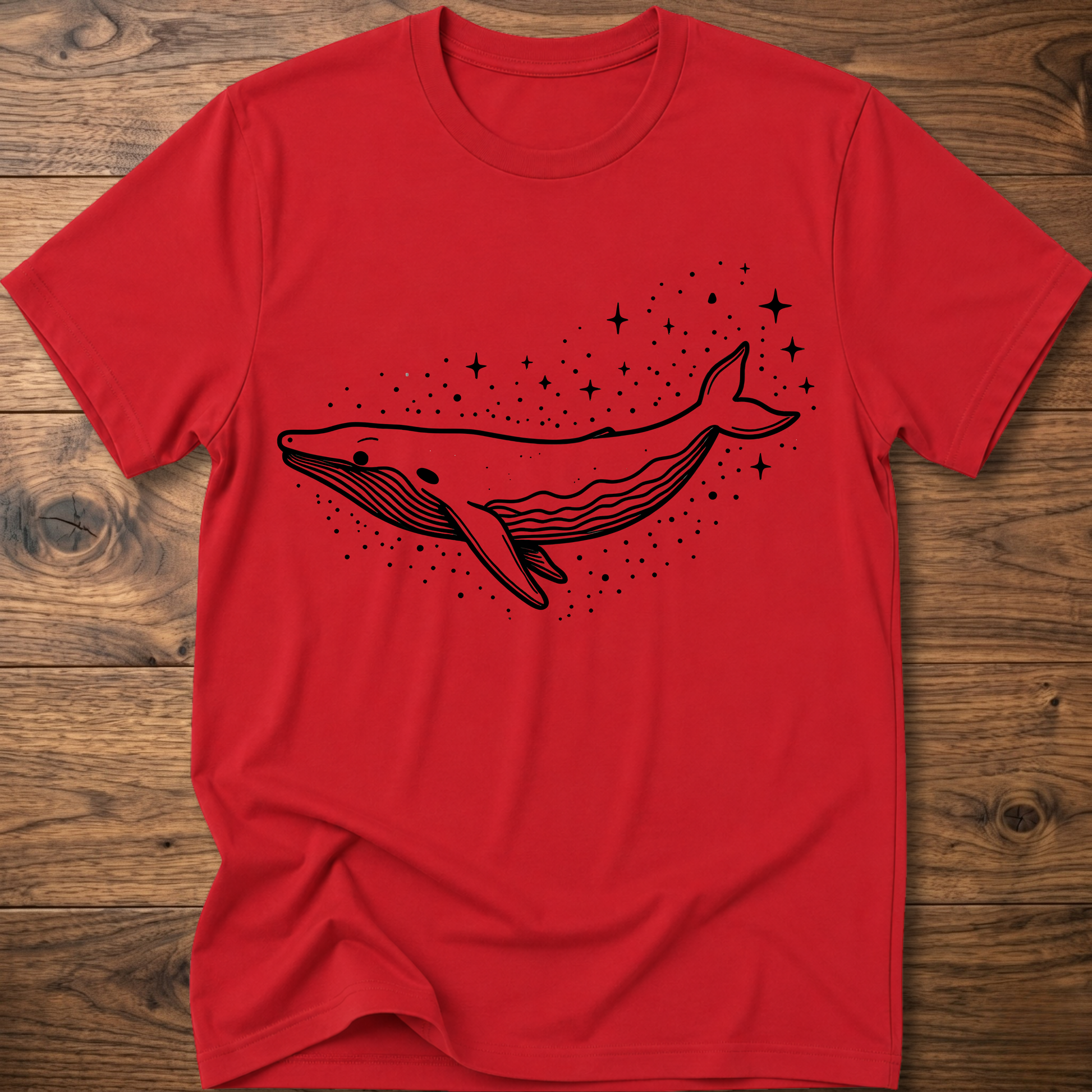 Red t-shirt with minimalist whale graphic and starry dots constellation print