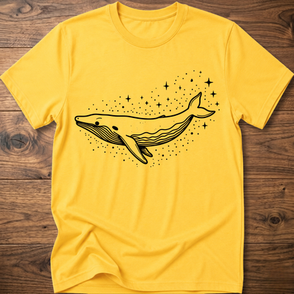 Daisy yellow t-shirt with minimalist whale graphic and starry dots constellation print