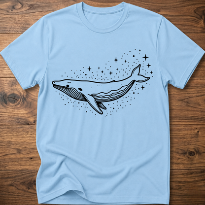 Light blue t-shirt with minimalist whale graphic and starry dots constellation print