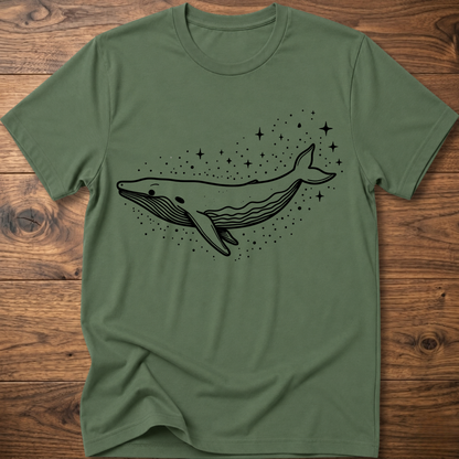 Military green t-shirt with minimalist whale graphic and starry dots constellation print