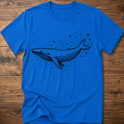 Royal blue t-shirt with minimalist whale graphic and starry dot constellation print