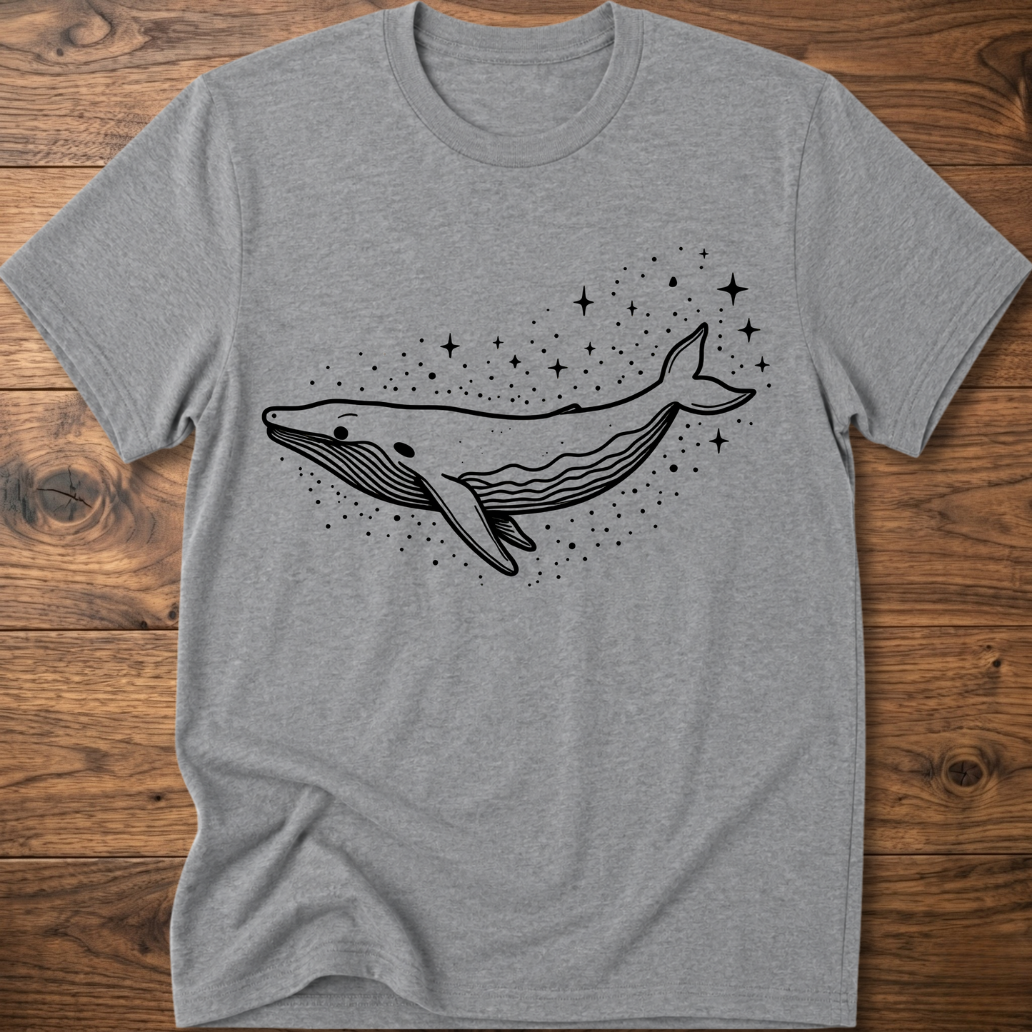 Sport grey t-shirt with minimalist whale graphic and starry dots constellation print