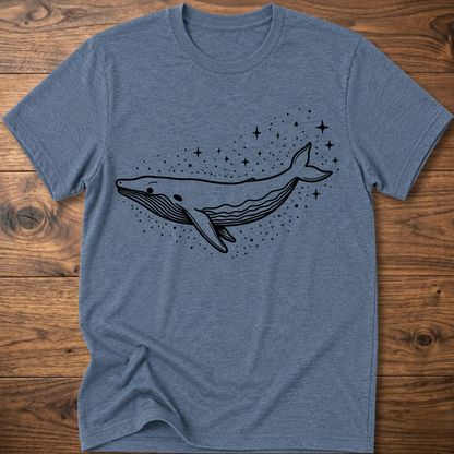 Heather blue t-shirt with minimalist whale graphic and starry dots constellation print