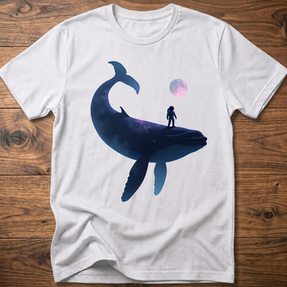 White T-shirt with astronaut riding dark whale graphic and small planet print