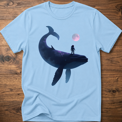 Light blue T-shirt with astronaut riding dark whale graphic and small planet print