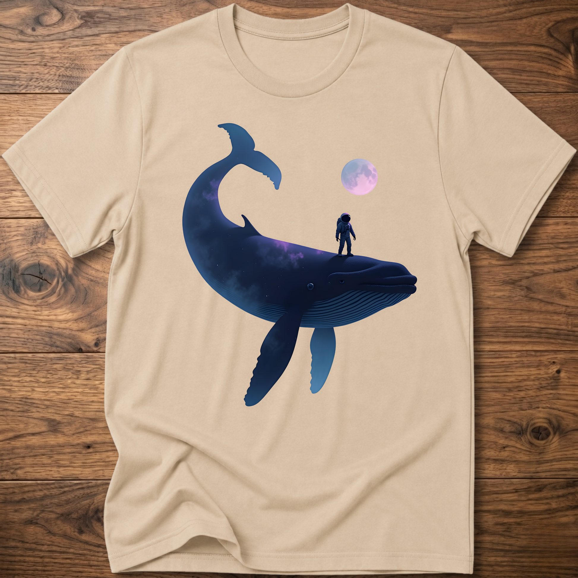Sand T-shirt with astronaut riding dark whale graphic and small planet print
