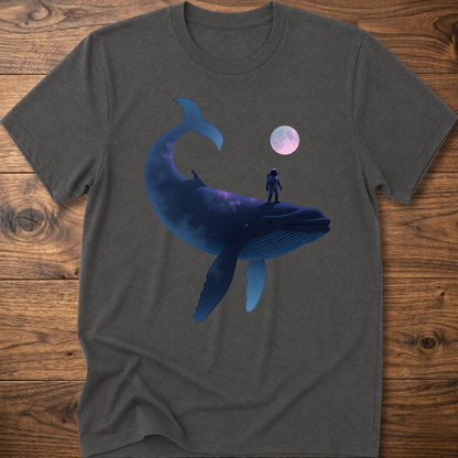 Dark gray T-shirt with astronaut riding dark whale graphic and small planet print