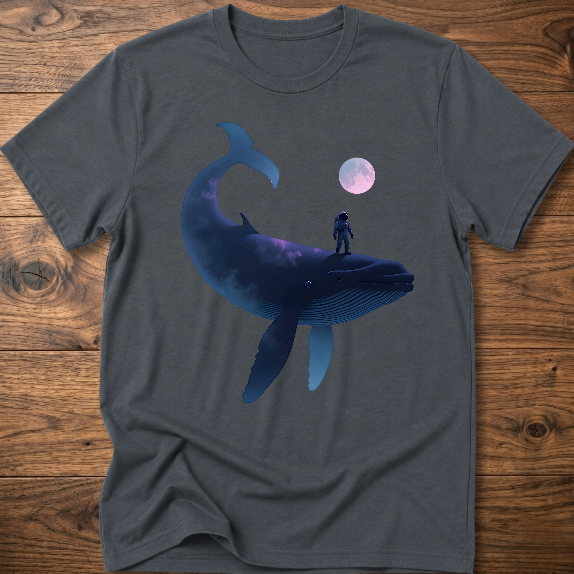 Charcoal T-shirt with astronaut riding dark whale graphic and small planet print