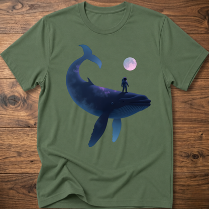 Green T-shirt with astronaut riding dark whale graphic and small planet print