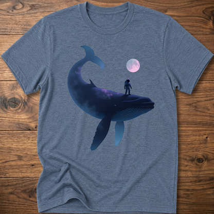 Blue heather T-shirt with astronaut riding dark whale graphic and small planet print