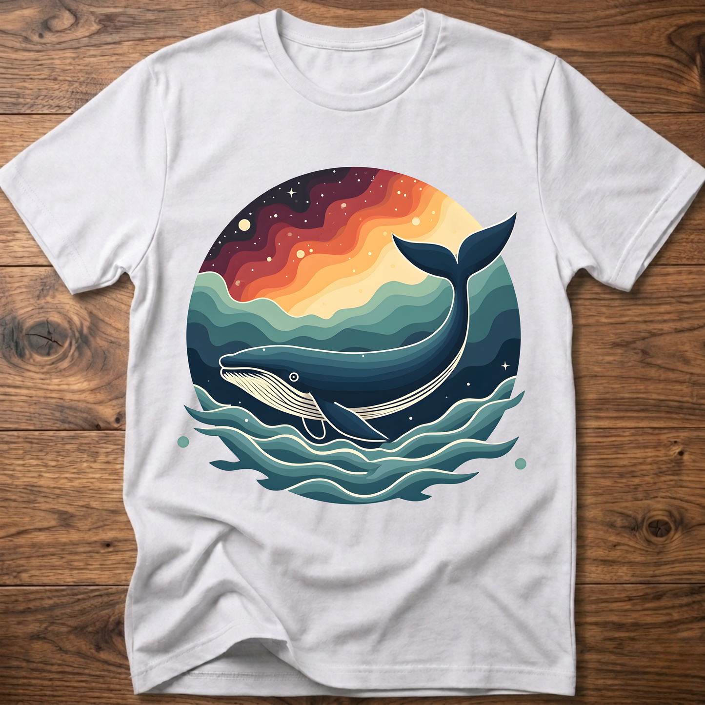 White crew-neck t-shirt with retro whale graphic over colorful ocean waves