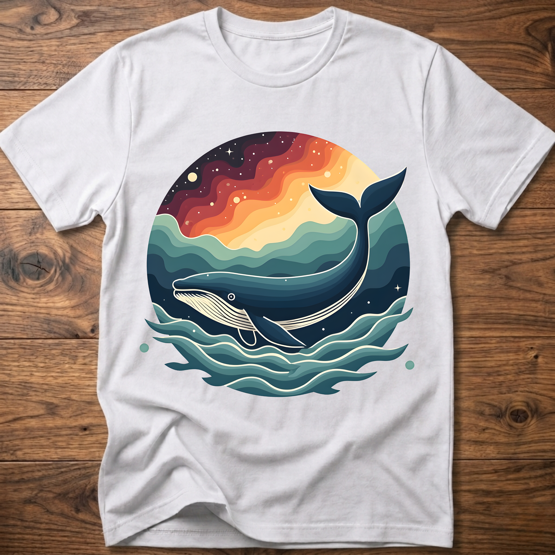 White crew-neck t-shirt with retro whale graphic over colorful ocean waves
